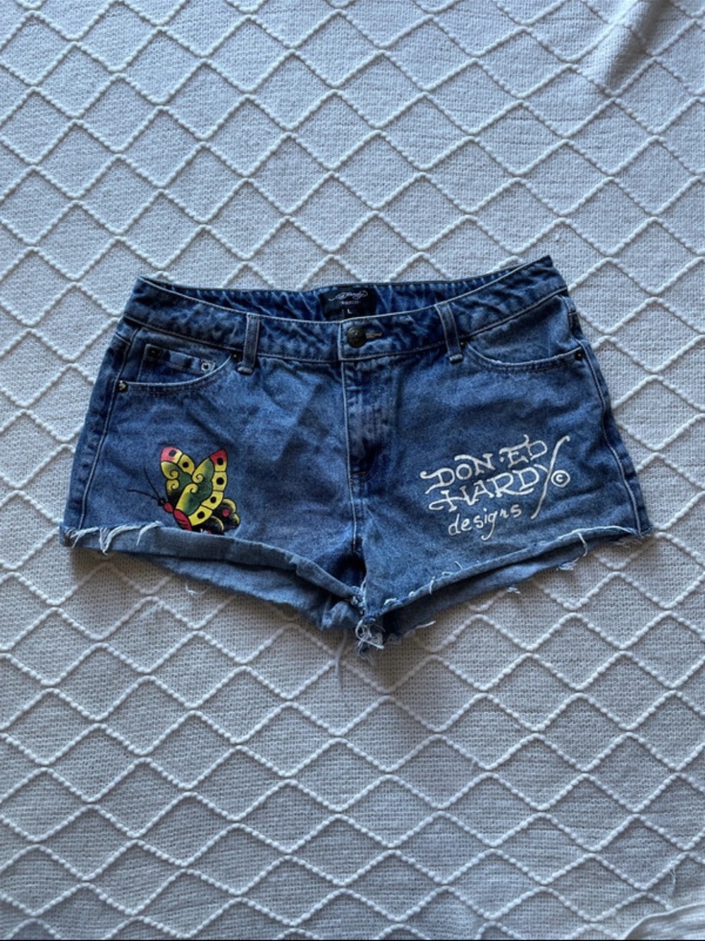 Ed Hardy Blue Denim Butterfly Short Shorts with Graphic Logo